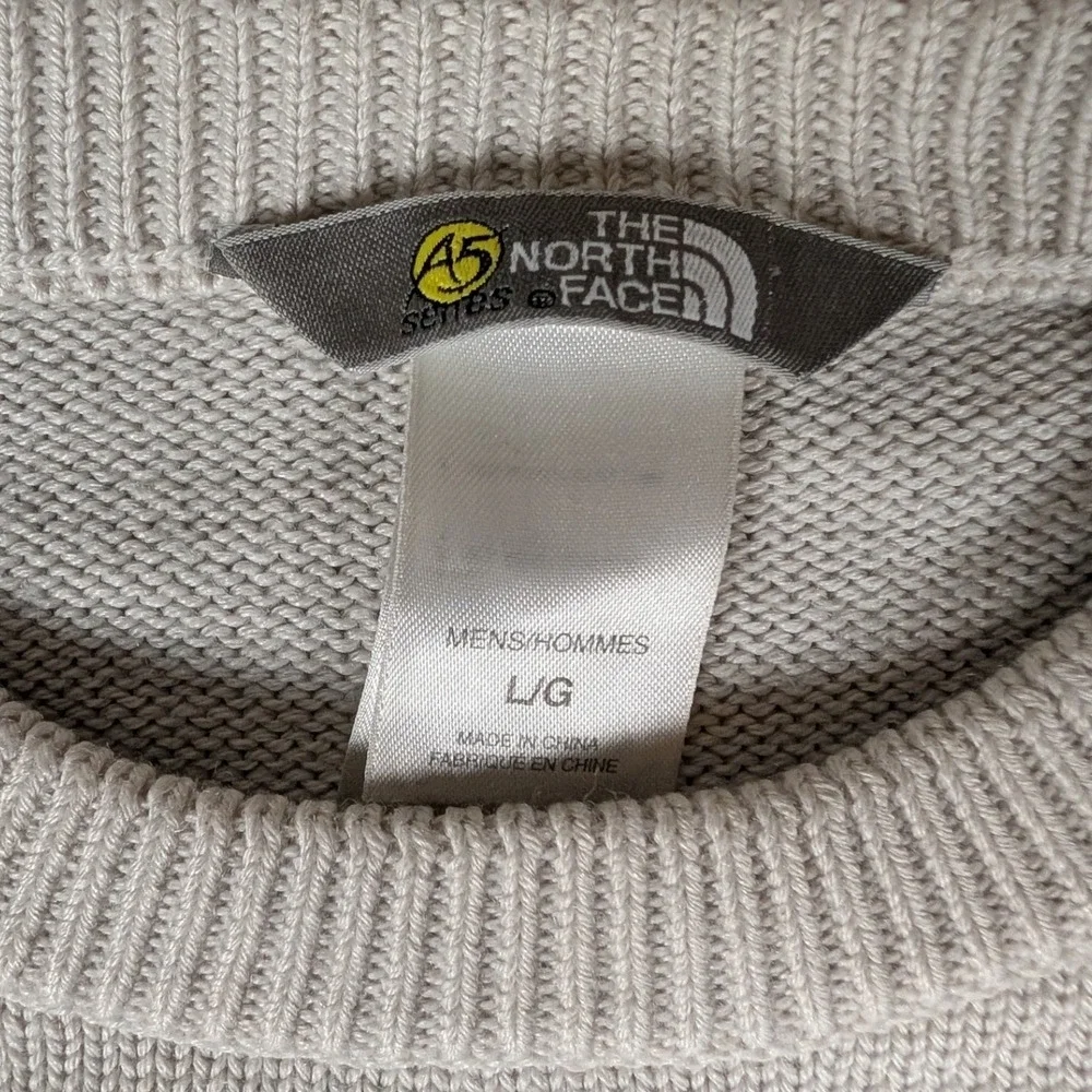 The North Face Mens Knit A5 Sweater White Olive Green Stripes Logo L -stain/snag